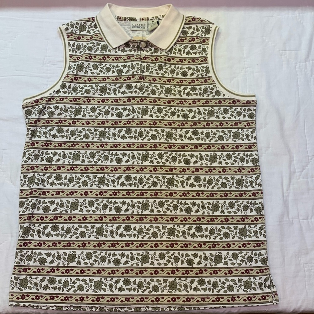 Classic Elements 90s Vintage Floral Striped Sleeveless Collared Polo Tee,‎ NWT